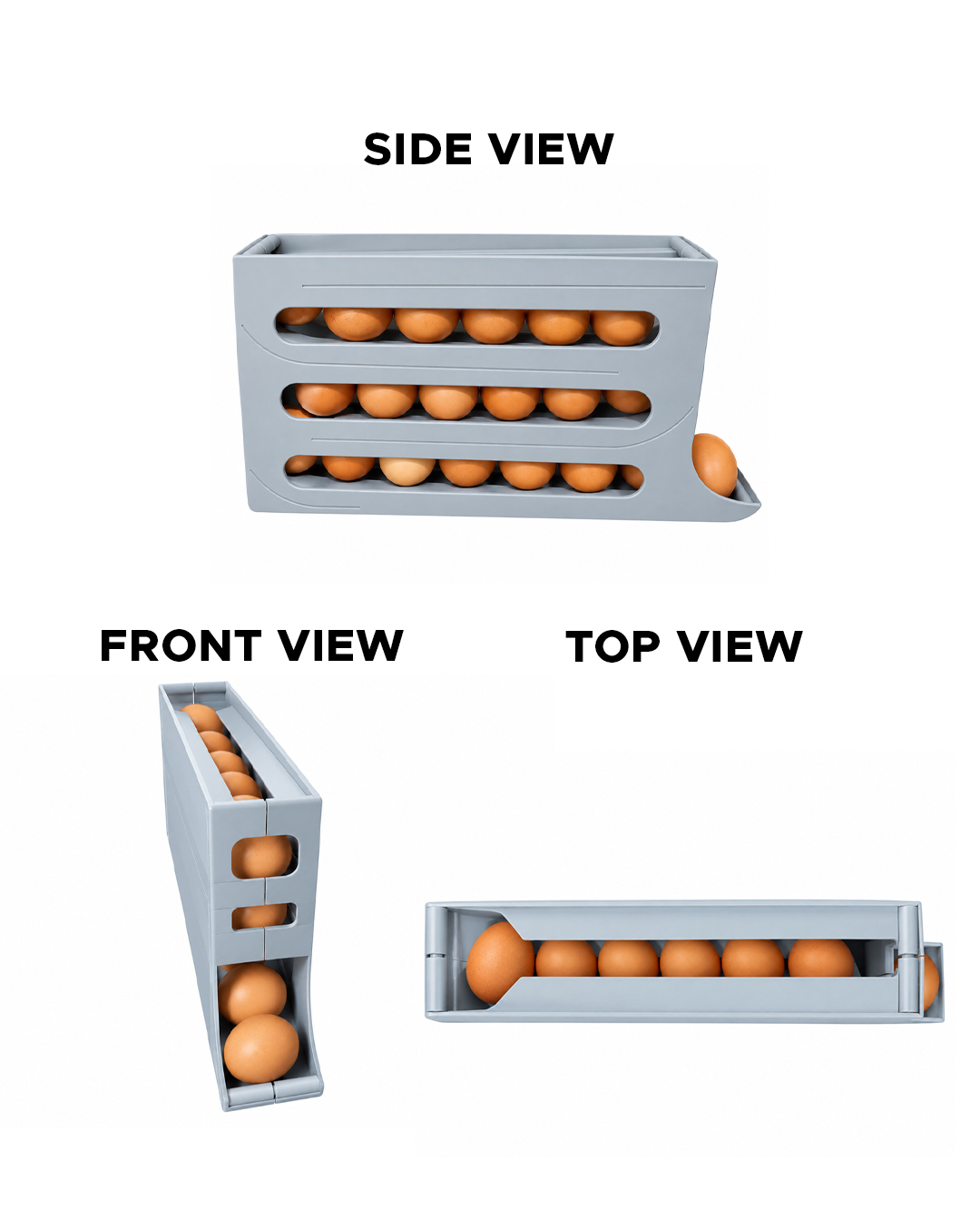  A three-sided egg dispenser shown from multiple angles