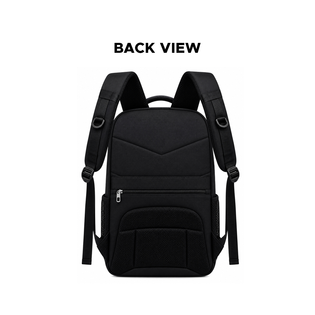 Back view of a black backpack.