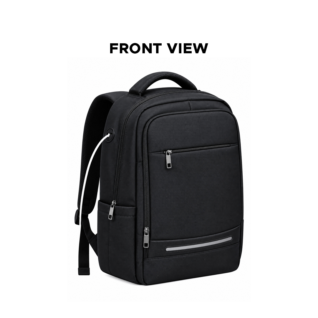 Front view of a black backpack.