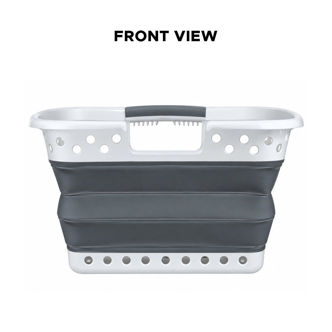 Front view of a transparent and collapsible laundry basket.