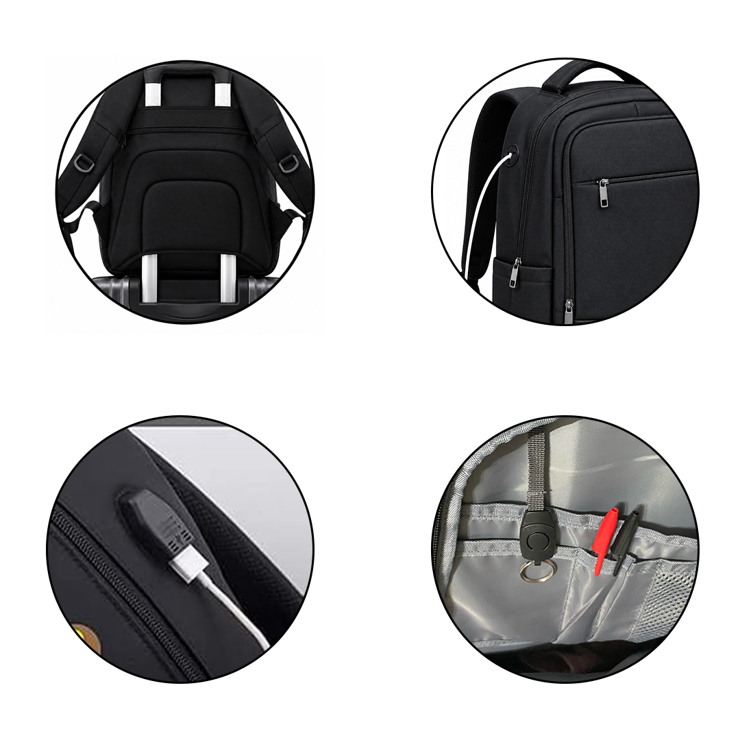 multiple view of a black backpack from different angle.